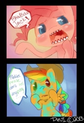 Size: 769x1119 | Tagged: dead source, safe, artist:dhui, derpibooru import, applejack, pinkie pie, rainbow dash, earth pony, pony, blushing, crying, fusion, open mouth, rainbow jack, sharp teeth