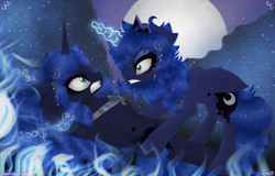 Size: 5000x3200 | Tagged: safe, artist:darkest-lunar-flower, nightmare moon, princess luna, alicorn, pony, blood, blue fire, chains, crying, duality, fighting stance, fire, happy birthday mlp:fim, horn, injured, jewelry, magical bondage, mlp fim's ninth anniversary, night, nosebleed, pinned down, regalia, shackles, wings