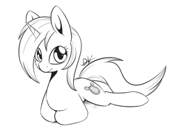 Size: 1024x787 | Tagged: safe, artist:dusthiel, lyra heartstrings, pony, unicorn, black and white, grayscale, lineart, looking at you, monochrome, prone, sketch, smiling, solo