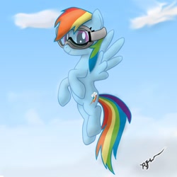 Size: 1200x1200 | Tagged: safe, artist:scratch42, rainbow dash, pegasus, pony, flying, goggles, solo