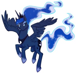 Size: 2000x2000 | Tagged: safe, artist:angelcakek, princess luna, alicorn, pony, crown, ethereal mane, eyeshadow, female, flowing mane, flying, hoof shoes, jewelry, lidded eyes, looking at you, makeup, mare, peytral, regalia, simple background, smiling, white background