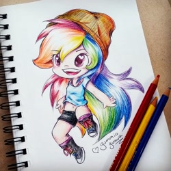 Size: 1028x1028 | Tagged: safe, artist:gummigator, derpibooru import, rainbow dash, human, belly button, chibi, clothes, colored pencil drawing, converse, heart eyes, humanized, midriff, shoes, solo, tanktop, traditional art, wingding eyes