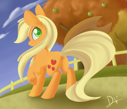 Size: 1765x1508 | Tagged: safe, artist:dusthiel, applejack, earth pony, pony, apple, apple tree, applebutt, cloud, cloudy, colored pupils, featureless crotch, food, green apple, looking at you, looking back, looking back at you, missing accessory, plot, raised hoof, signature, smiling, solo, sweet apple acres, tree