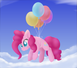 Size: 787x691 | Tagged: safe, artist:dusthiel, pinkie pie, earth pony, pony, balloon, cloud, colored pupils, floating, looking down, sky, solo, then watch her balloons lift her up to the sky