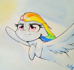 Size: 2243x2117 | Tagged: safe, artist:captainpudgemuffin, derpibooru import, rainbow dash, pegasus, pony, commission, female, flying, smiling, solo, traditional art