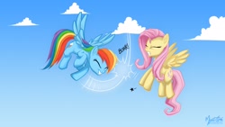 Size: 1920x1080 | Tagged: safe, artist:mysticalpha, fluttershy, rainbow dash, pegasus, pony, flying, ouch, scene interpretation, wallpaper