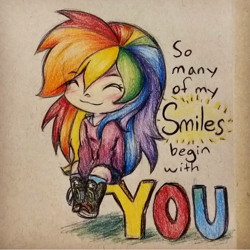 Size: 1080x1080 | Tagged: safe, artist:gummigator, derpibooru import, rainbow dash, human, blushing, clothes, converse, humanized, motivational, shoes, sneakers, solo, traditional art