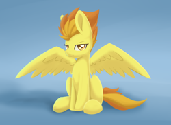 Size: 1988x1450 | Tagged: safe, artist:dusthiel, spitfire, pony, blue background, colored pupils, sitting, solo, spread wings