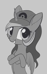 Size: 983x1523 | Tagged: safe, artist:dusthiel, princess luna, alicorn, pony, cap, cheek fluff, chest fluff, cute, ear fluff, grayscale, hat, inktober, leg fluff, lunabetes, monochrome, smiling, solo, wing fluff