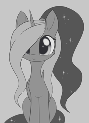 Size: 981x1350 | Tagged: safe, artist:dusthiel, princess luna, alicorn, pony, :3, :p, alternate hairstyle, cheek fluff, cute, ear fluff, female, grayscale, hair over one eye, inktober, lunabetes, mare, monochrome, ponytail, sitting, solo, tongue out