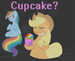 Size: 888x718 | Tagged: artist needed, safe, derpibooru import, applejack, rainbow dash, earth pony, pegasus, pony, cupcake, rainbow cupcake