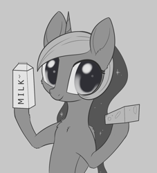 Size: 1041x1146 | Tagged: safe, artist:dusthiel, princess luna, alicorn, pony, cheese, food, grayscale, inktober, milk carton, monochrome, solo