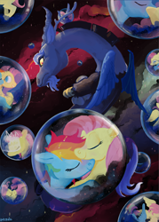 Size: 1371x1919 | Tagged: safe, artist:spectralunicorn, derpibooru import, discord, fluttershy, rainbow dash, twilight sparkle, pegasus, pony, bubble, female, flutterdash, lesbian, shipping, solo, space, stars, twishy