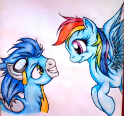 Size: 1744x1629 | Tagged: safe, artist:tomek2289, rainbow dash, soarin', pegasus, pony, female, male, shipping, soarindash, straight, traditional art