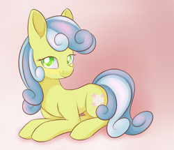 Size: 1024x880 | Tagged: safe, artist:dusthiel, nurse coldheart, nurse snowheart, earth pony, pony, commission, female, gradient background, looking at you, mare, missing accessory, prone, smiling, solo