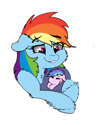 Size: 821x973 | Tagged: safe, artist:saphi-boo, derpibooru import, rainbow dash, oc, oc:passion flare, pegasus, pony, baby, baby pony, blanket, chest fluff, female, foal, magical lesbian spawn, momma dash, mother and child, mother and daughter, next generation, offspring, parent and child, parent:rainbow dash, parent:twilight sparkle, parents:twidash