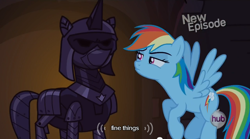 Size: 640x355 | Tagged: safe, screencap, rainbow dash, pegasus, pony, unicorn, castle mane-ia, armor, female, flying, glare, hub logo, hubble, mare, meme, mlp-captions, observer, solo, spread wings, the hub, youtube caption