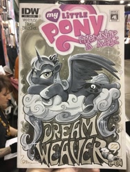 Size: 1536x2048 | Tagged: safe, artist:andypriceart, idw, princess luna, tiberius, alicorn, opossum, pony, spoiler:comic, spoiler:comic35, cloud, female, looking at you, mare, marker drawing, sleeping, solo, traditional art