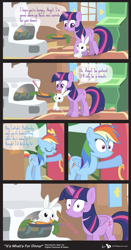 Size: 805x1540 | Tagged: safe, artist:dm29, angel bunny, rainbow dash, twilight sparkle, twilight sparkle (alicorn), alicorn, pegasus, pony, awkward moment, carrot, caught, comic, cooking, female, fire, fireplace, food, implied hasenpfeffer, magic, mare, not what it looks like, trio