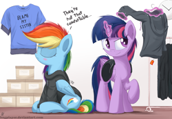 Size: 2900x2000 | Tagged: safe, artist:bugplayer, derpibooru import, rainbow dash, twilight sparkle, twilight sparkle (alicorn), alicorn, pegasus, pony, blame my sister, blatant lies, bugplayer is trying to murder us, clothes, cute, dashabetes, duo, eyes closed, female, hoodie, horn, i can't believe it's not ncmares, levitation, magic, magic shirt, mare, raised hoof, signature, sitting, telekinesis, twiabetes