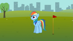 Size: 571x317 | Tagged: safe, artist:agrol, rainbow dash, pegasus, pony, everypony plays sports games, golf, hole, solo, youtube link