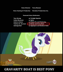 Size: 508x581 | Tagged: safe, derpibooru import, edit, edited screencap, screencap, applejack, fluttershy, pinkie pie, rainbow dash, rarity, spike, twilight sparkle, unicorn twilight, earth pony, pony, unicorn, keep calm and flutter on, andrea libman, apple, ashleigh ball, cathy weseluck, credits, food, gravarity, gravy boat, hub logo, solo, tabitha st. germain, tara strong, tea, wat