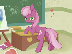 Size: 1727x1312 | Tagged: safe, artist:dusthiel, cheerilee, pony, book, chalkboard, fluffy, heart, looking at you, solo, table