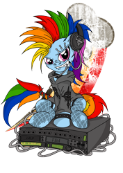 Size: 3508x4961 | Tagged: safe, artist:toonlancer, rainbow dash, pegasus, pony, alternate hairstyle, clothes, fashion, headphones, mohawk, piercing, punk, rainbow punk, solo