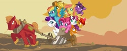 Size: 3000x1196 | Tagged: safe, artist:dunnstar, derpibooru import, apple bloom, applejack, big macintosh, fluttershy, pinkie pie, rainbow dash, rarity, scootaloo, sweetie belle, twilight sparkle, earth pony, pegasus, pony, unicorn, carrying, cutie mark crusaders, male, mane six, plow, stallion, working