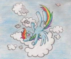 Size: 1786x1484 | Tagged: safe, artist:shinkuma, rainbow dash, pegasus, pony, cloud, cloudy, solo, traditional art