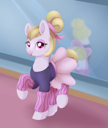 Size: 998x1187 | Tagged: safe, artist:dusthiel, hoofer steps, earth pony, pony, on your marks, ballerina, ballet, clothes, female, leg warmers, looking at you, mare, mirror, plot, raised hoof, raised leg, reflection, smiling, smiling at you, solo, tongue out, tutu