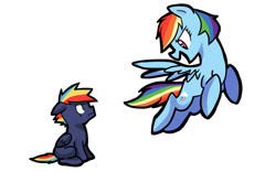 Size: 1024x640 | Tagged: safe, artist:kianamai, rainbow dash, oc, oc:prism bolt, pegasus, pony, colt, female, floppy ears, flying, kilalaverse, male, mother and child, mother and son, next generation, offspring, open mouth, parent and child, parent:rainbow dash, parent:soarin', parents:soarindash, scrunchy face, simple background, sitting, smiling, spread wings
