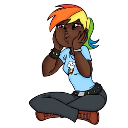 Size: 900x900 | Tagged: safe, artist:danerboots, artist:megasweet, rainbow dash, human, colored, dark skin, dashface, humanized, sitting, solo, wristband