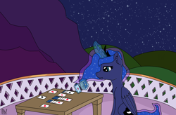 Size: 2550x1671 | Tagged: safe, artist:nightwind-arts, princess luna, alicorn, pony, bored, canterlot, card, female, folded wings, magic, mare, night, playing card, sitting, solitaire, solo, stars, table, wings