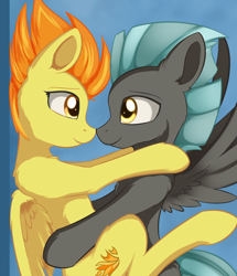 Size: 842x979 | Tagged: safe, artist:dusthiel, spitfire, thunderlane, pegasus, pony, boop, female, firelane, hug, looking at each other, male, mare, noseboop, shipping, stallion, straight