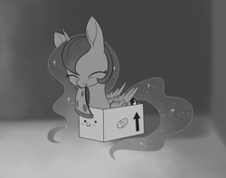 Size: 1474x1160 | Tagged: safe, artist:dusthiel, princess luna, alicorn, pony, behaving like a cat, blushing, box, food, grayscale, if i fits i sits, inktober, meat, monochrome, pepperoni, pepperoni pizza, pizza, pony in a box, solo