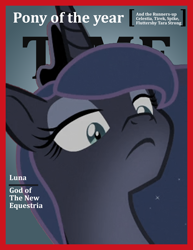 Size: 2550x3300 | Tagged: safe, edit, edited screencap, screencap, princess luna, alicorn, pony, sparkle's seven, bust, cropped, implied fluttershy, implied princess celestia, implied spike, implied tara strong, implied tirek, magazine cover, pony of the year, pure evil, putin parody, solo