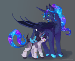 Size: 4035x3298 | Tagged: safe, artist:cosmichorse, princess luna, oc, oc:lilith(cosmichorse), alicorn, earth pony, pony, adopted offspring, alicorn costume, clothes, costume, cute, ethereal mane, fangs, female, filly, foal, freckles, galaxy mane, high res, leonine tail, mare, nightmare night, nightmare night costume, offspring, parent:princess luna, sharp teeth, smiling, star freckles, stars, teeth, unshorn fetlocks