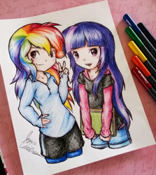 Size: 1080x1213 | Tagged: safe, artist:gummigator, derpibooru import, rainbow dash, twilight sparkle, human, chibi, humanized, traditional art