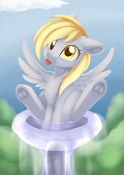 Size: 1254x1770 | Tagged: safe, artist:dusthiel, derpy hooves, pegasus, pony, behaving like a bird, bird bath, cute, derpabetes, female, floppy ears, frog (hoof), looking at you, mare, sitting, smiling, solo, tongue out, underhoof