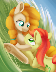 Size: 977x1266 | Tagged: safe, artist:dusthiel, bright mac, pear butter, pony, the perfect pear, brightbutter, cuddling, female, grass, male, shipping, straight, underhoof