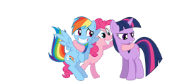 Size: 1100x500 | Tagged: safe, derpibooru import, pinkie pie, rainbow dash, twilight sparkle, earth pony, pegasus, pony, hoof around neck, hug, polyamory, simple background, transparent background, twidashpie, vector