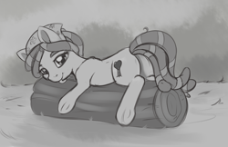 Size: 1698x1101 | Tagged: safe, artist:dusthiel, tree hugger, pony, cute, grayscale, log, monochrome, plot, solo, tongue out, underhoof