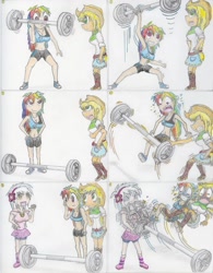 Size: 1024x1315 | Tagged: safe, artist:meiyeezhu, derpibooru import, applejack, rainbow dash, all's fair in love and friendship games, equestria girls, friendship games, anime, applejack's hat, armpits, barbell, belly button, biting, boots, breasts, broken, clothes, comic, competition, cowboy hat, denim skirt, female, funny, green underwear, hat, heavy, hilarious, midriff, munching, old master q, panties, parody, rainboob dash, rivalry, shocked, shoes, shorts, simple background, skirt, speechless, sports, sports bra, stetson, strong, surprised, underwear, upskirt, weight lifting, weights, white background, workout