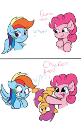 Size: 600x900 | Tagged: safe, artist:wazzart, derpibooru import, pinkie pie, rainbow dash, scootaloo, earth pony, pegasus, pony, bait and switch, chicken butt, joke, scootachicken, tail censor, vulgar