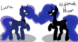 Size: 6000x3265 | Tagged: safe, artist:dah-vee, nightmare moon, princess luna, alicorn, pony, confrontation, crying, dr jekyll and mr hyde, duality, duo, ethereal mane, female, grin, gritted teeth, looking at each other, mare, missing accessory, narrowed eyes, nightmare luna, peytral, raised hoof, simple background, smiling, transparent background