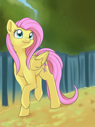 Size: 1147x1538 | Tagged: safe, artist:dusthiel, fluttershy, pegasus, pony, atg 2017, cute, female, folded wings, forest, head turn, mare, newbie artist training grounds, raised hoof, shyabetes, smiling, solo, tree, walking