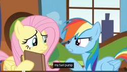 Size: 640x360 | Tagged: safe, derpibooru import, screencap, fluttershy, rainbow dash, pegasus, pony, tanks for the memories, meme, youtube, youtube caption