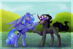 Size: 2655x1788 | Tagged: safe, artist:dinkydoolove, king sombra, princess luna, alicorn, pony, unicorn, angry, blushing, boop, eyes closed, female, flower, flower in hair, gritted teeth, lumbra, male, mare, sharp teeth, shipping, smiling, sombra eyes, stallion, straight, teeth