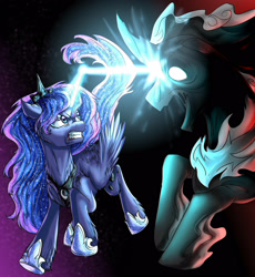 Size: 2300x2500 | Tagged: safe, artist:not-ordinary-pony, derpibooru exclusive, pony of shadows, princess luna, alicorn, pony, duo, ethereal mane, fight, fluffy, jewelry, looking at each other, regalia